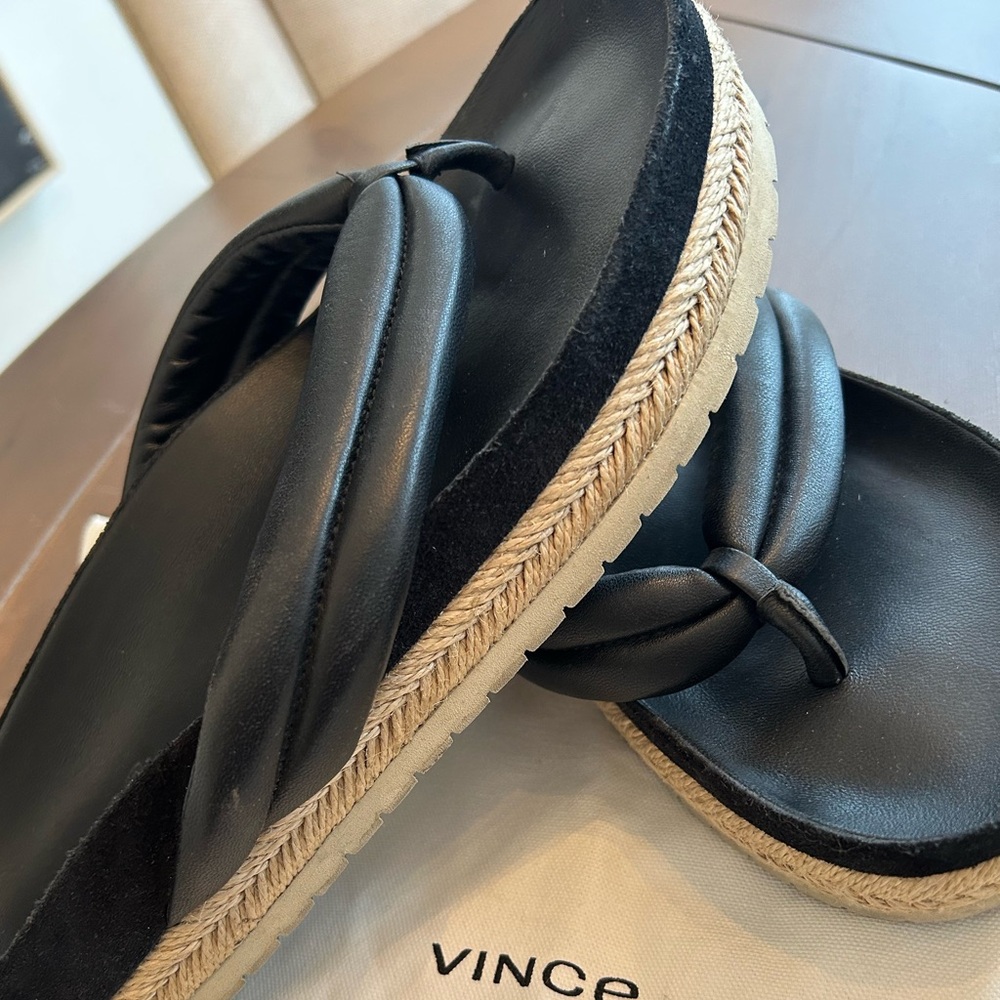 Vince Black Leather Suede Thong Platform Espadrille Sandals - 8.5